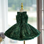 Velvet Knee-length Green Birthday Holiday Baby Girl Dress