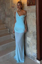Elegant Column One-Shoulder Sleeveless Ruched Maxi Prom Dress