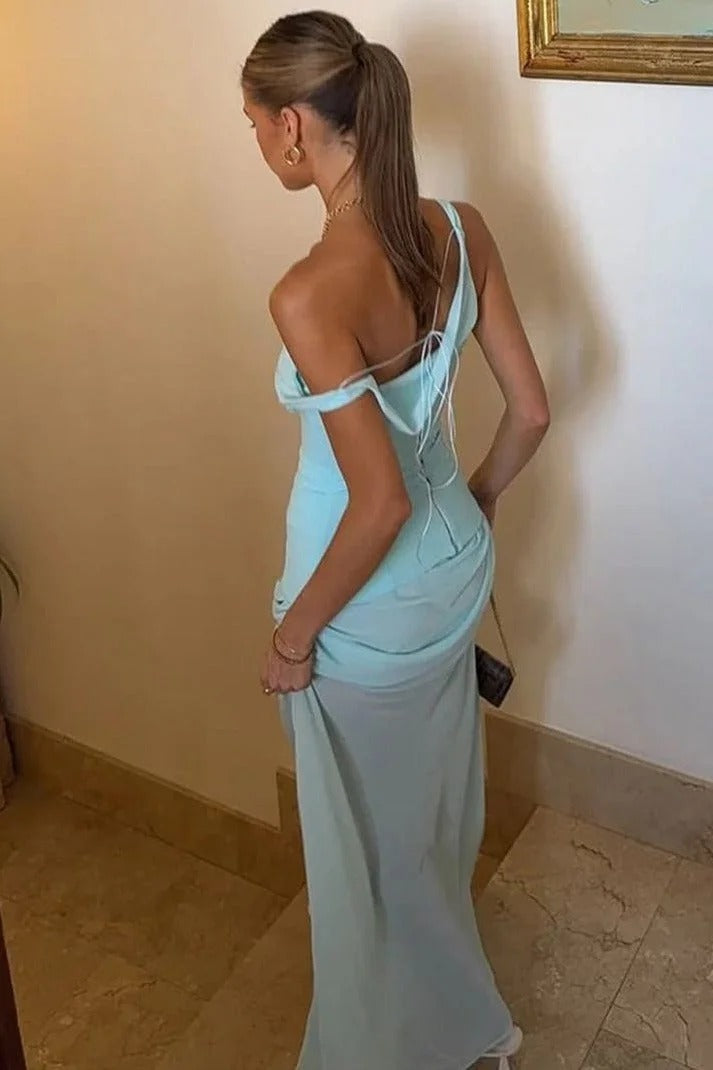 Elegant Column One-Shoulder Sleeveless Ruched Maxi Prom Dress