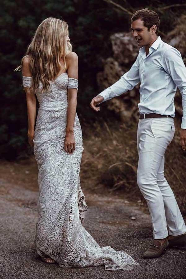 Lace Beach Wedding Dresses Sweetheart Neck Wedding Dresses