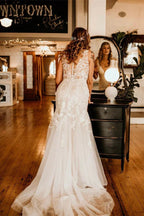 Long Mermaid V-neck Straps Tulle Lace Wedding Dress with Ruffles