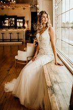 Long Mermaid V-neck Straps Tulle Lace Wedding Dress with Ruffles