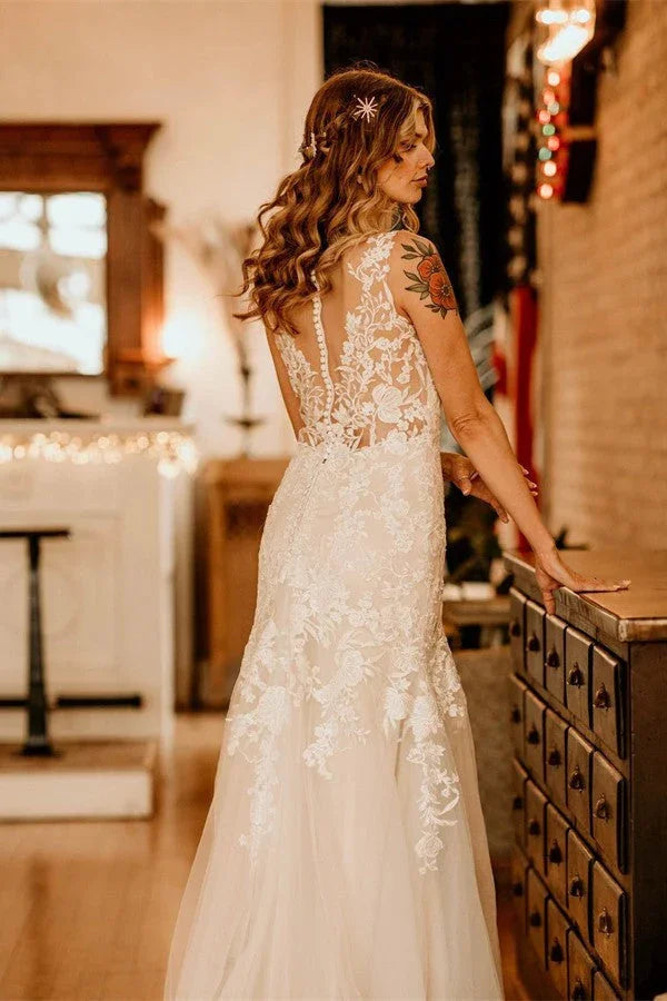 Long Mermaid V-neck Straps Tulle Lace Wedding Dress with Ruffles