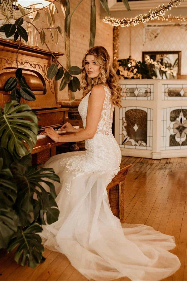 Long Mermaid V-neck Straps Tulle Lace Wedding Dress with Ruffles