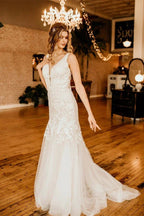 Long Mermaid V-neck Straps Tulle Lace Wedding Dress with Ruffles