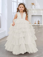 Ball-Gown/Princess Pearl Pink Sleeveless Tulle Bow Flower Girl Dress (010220814)