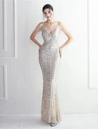 Mermaid / Trumpet Evening Gown Sparkle & Shine Dress Formal Wedding Guest Floor Length Short Sleeve Spaghetti Strap Polyester with Beading Sequin