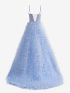 Sky Blue A-Line Tiered Sequins Tulle Long Prom Dress