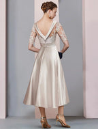 Mother of the Bride Dress A-Line Fall Wedding Guest Dresses Vintage Elegant Scoop Neck Tea Length Satin Lace Half Sleeve with Ruched Appliques
