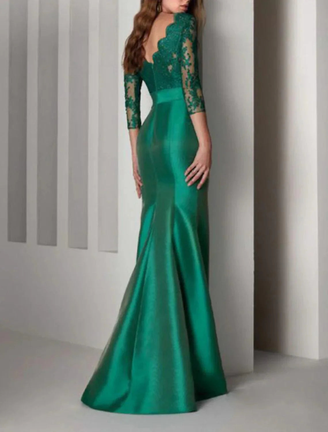 Mermaid Beautiful Back Elegant Christmas Red Green Dress Formal Evening Dress Scalloped Neckline V Back 3/4 Length Sleeve Floor Length Lace with Sash / Ribbon Embroidery