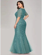 Mermaid / Trumpet Evening Gown Plus Size Dress Formal Evening Floor Length Short Sleeve Jewel Neck Fall Wedding Guest Tulle Ladder Back with Sequin Appliques