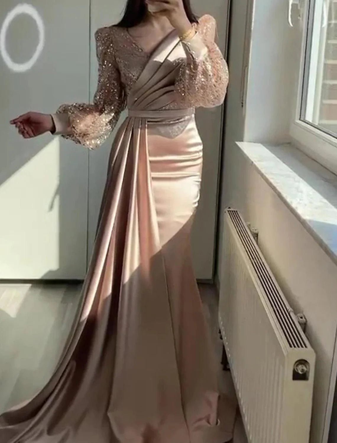 Mermaid / Trumpet Evening Gown Vintage Dress Formal Black Tie Floor Length Long Sleeve V Neck Charmeuse with Buttons Pearls