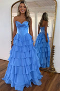 A-Line Sweetheart Chiffon Ruffled Long Corset Prom Dress with Slit