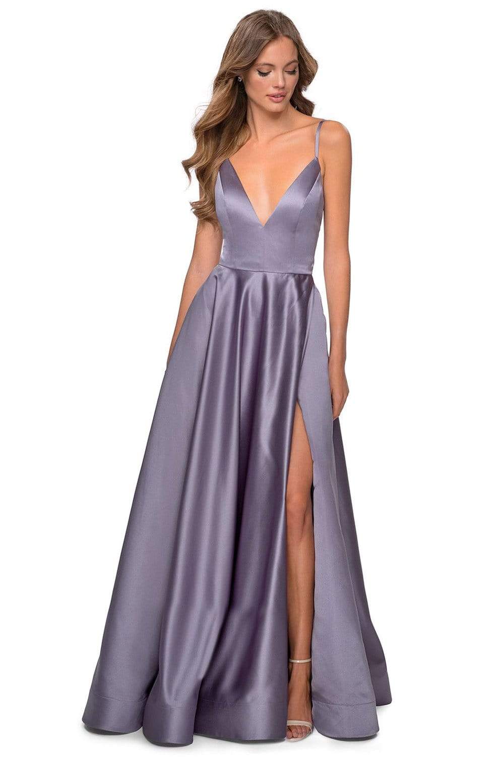 Deep V-neck Satin Junior Prom Gown