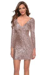Plunge V-Neck Long Sleeve Sequin Cocktail Dress