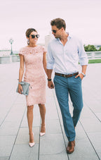 Lace Blushing Pink Formal Dresses Knee Length Wedding Party Dress