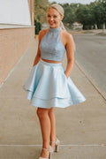 Light Two Piece Mini Homecoming Dresses with Pocket Halter Beaded