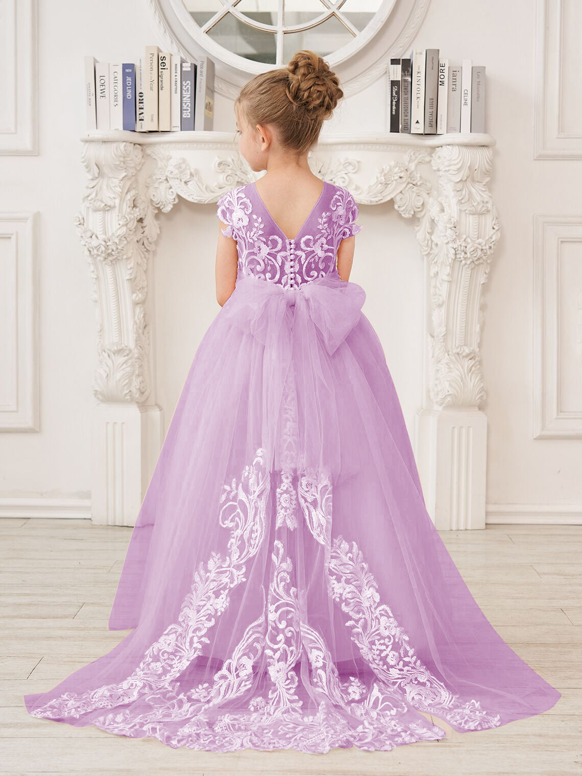 A-line Lace Tulle Sweep Train Pink Flower Girl Dress