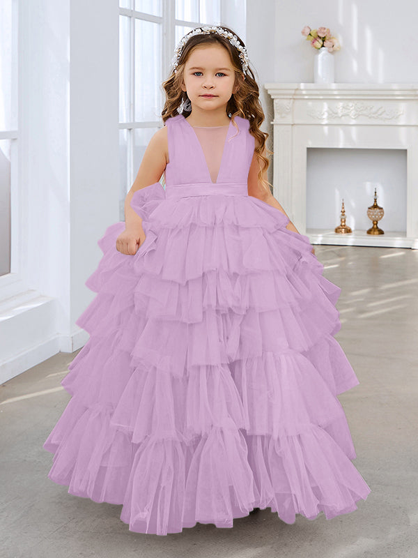 Ball-Gown/Princess Pearl Pink Sleeveless Tulle Bow Flower Girl Dress (010220814)