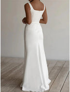 Engagement Casual Wedding Dresses Sheath / Column Scoop Neck Sleeveless Floor Length Stretch Fabric Bridal Suits Bridal Gowns With Solid Color