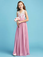 Long A-line Chiffon Flower Girl Dresses Lace Junior Bridesmaid Dress