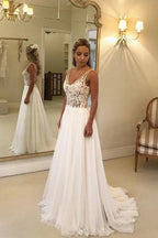 Long A-line Open Back V-neck Lace Chiffon Wedding Dress