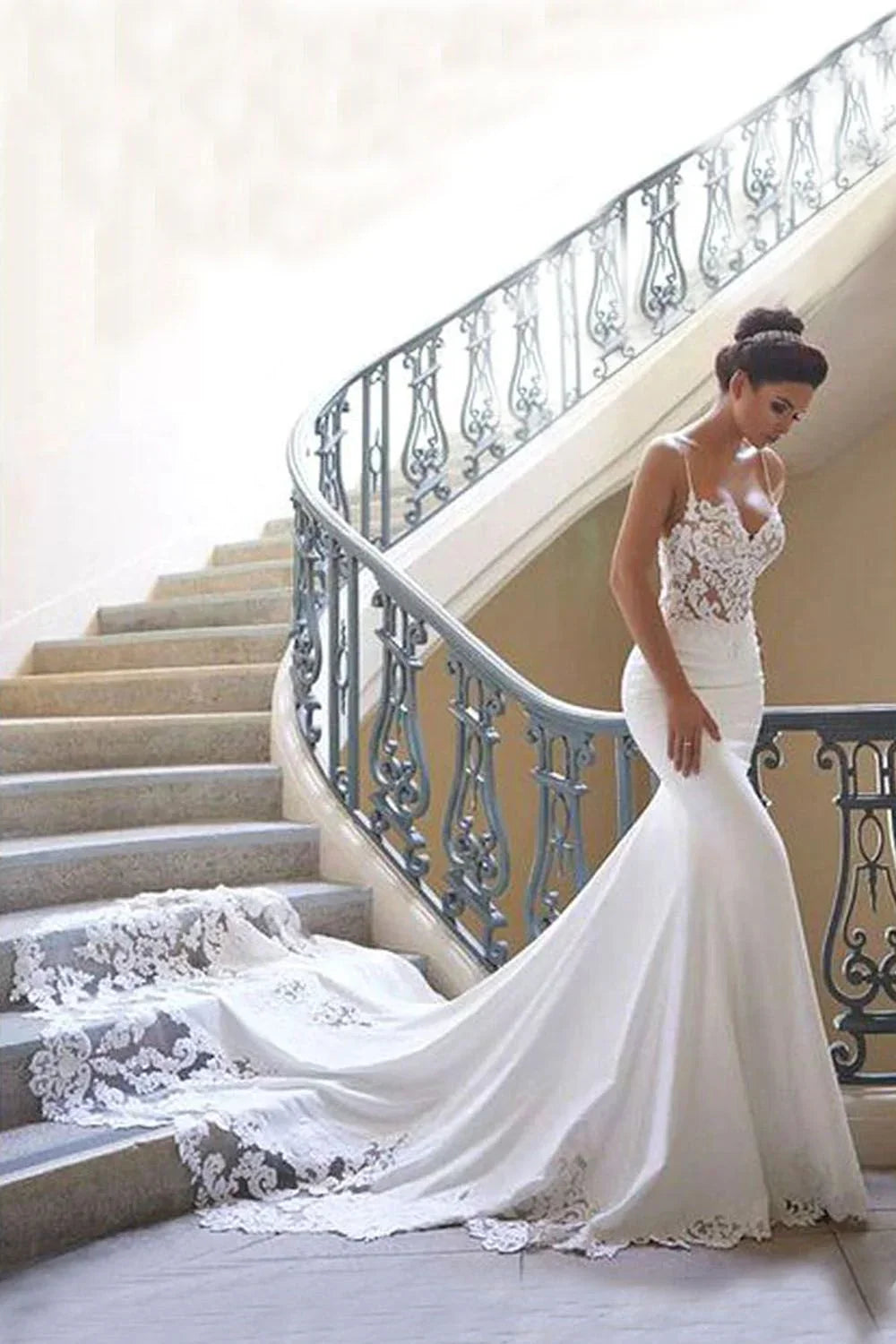 Long Mermaid Spaghetti Strap Lace Backless Wedding Dress