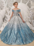 Long Princess Ball Gown Sequined Off Shoulder Wedding Party Flower Girl Dresses