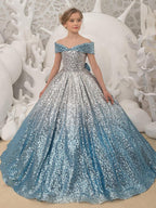 Long Princess Ball Gown Sequined Off Shoulder Wedding Party Flower Girl Dresses