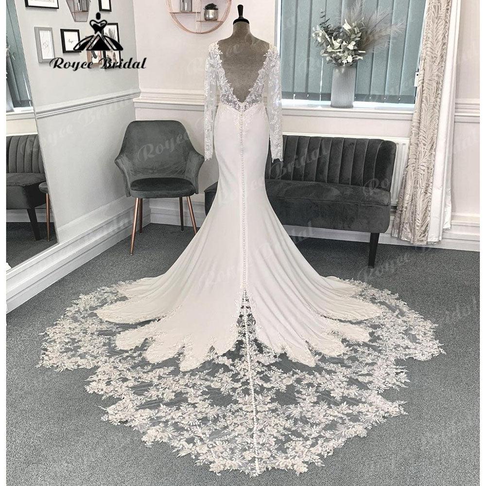 Long Sleeve Lace Court Train Mermaid/Trumpet Wedding Dress for Women Soft Satin Bridal Gown vestido para boda playa Sexy