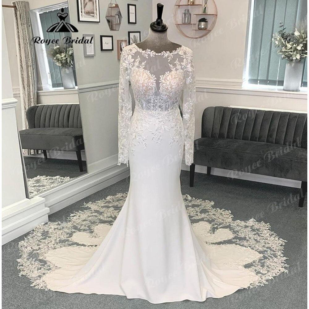 Long Sleeve Lace Court Train Mermaid/Trumpet Wedding Dress for Women Soft Satin Bridal Gown vestido para boda playa Sexy
