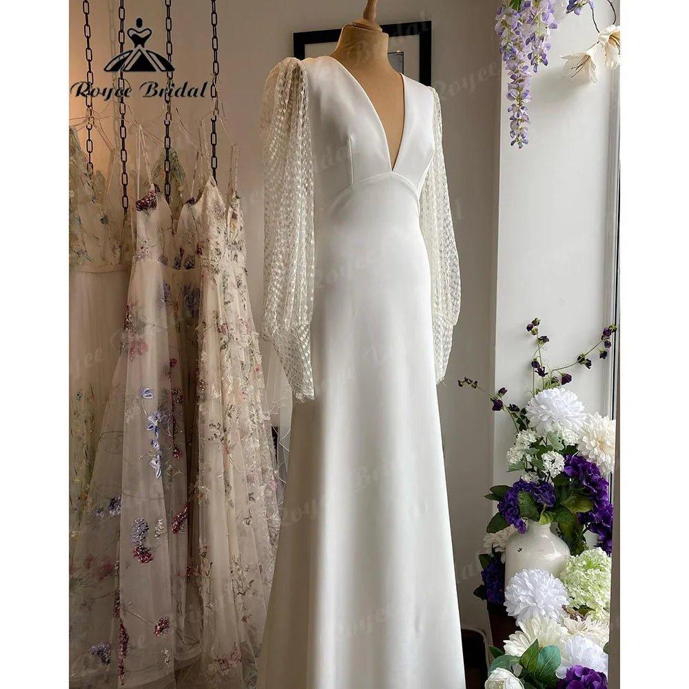 Long Sleeve Lace Soft Satin V Neck Open Back Wedding Dress Women Robe Boheme Femme Chic Bridal Receipt Dinner Party Gown