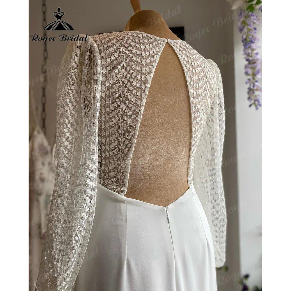 Long Sleeve Lace Soft Satin V Neck Open Back Wedding Dress Women Robe Boheme Femme Chic Bridal Receipt Dinner Party Gown