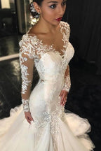 Long Sleeves Court Train  Wedding Dress With Lace Appliques