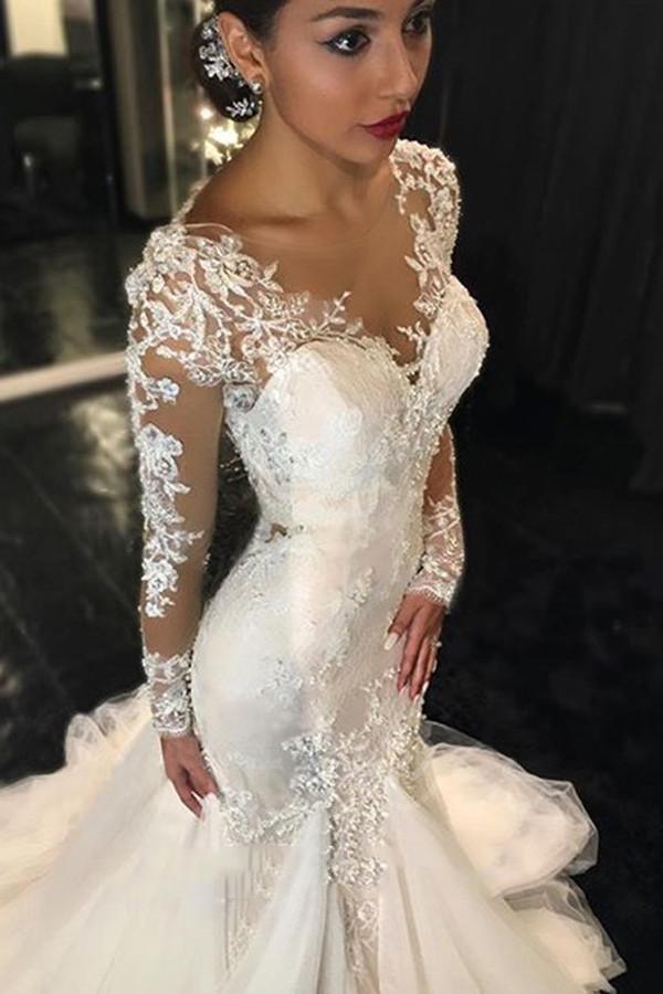 Long Sleeves Court Train  Wedding Dress With Lace Appliques