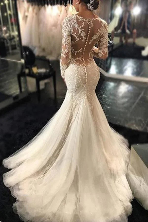 Long Sleeves Court Train  Wedding Dress With Lace Appliques