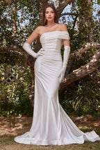 Off-the-shoulder fishtail satin fashion wedding dress with gloves