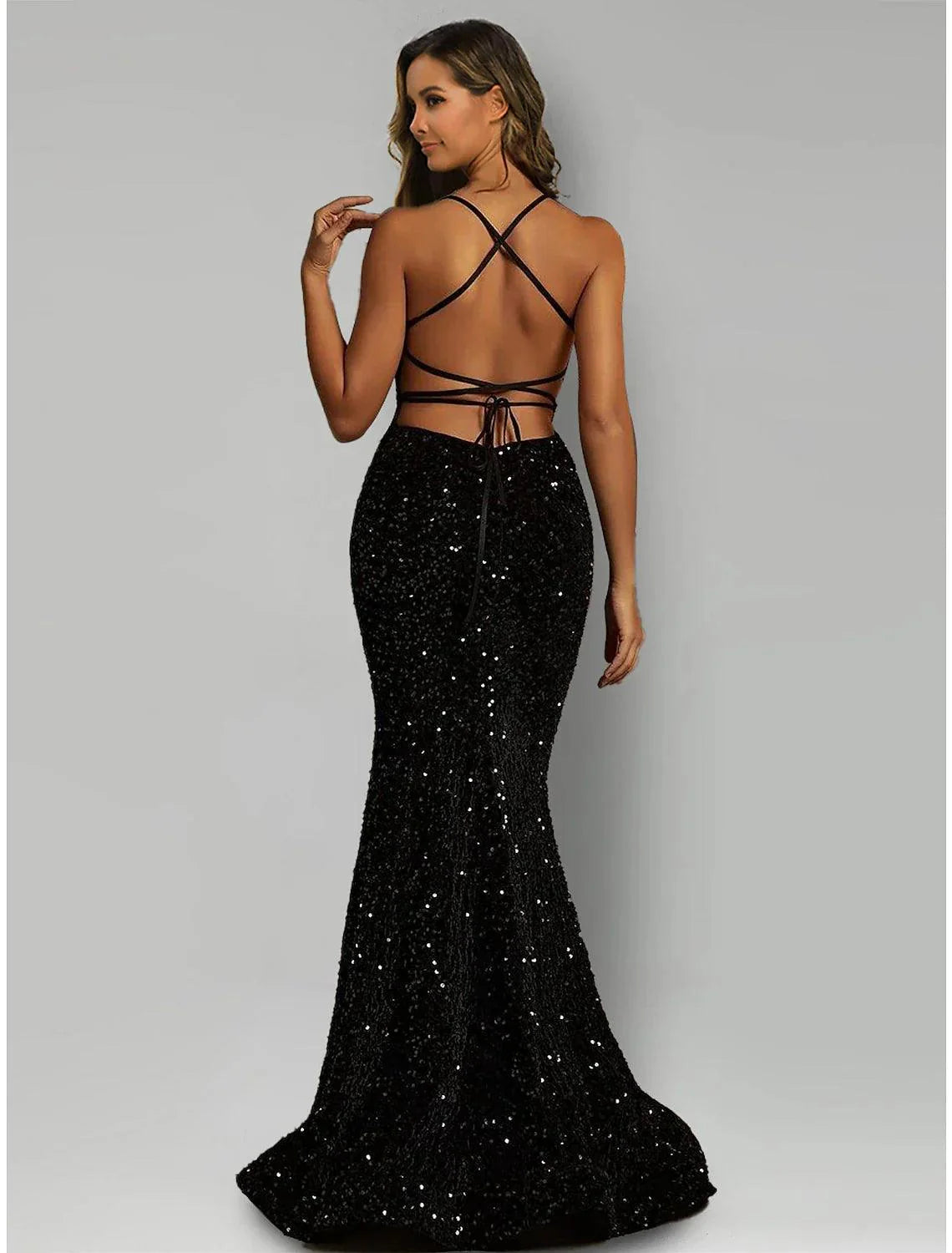 Mermaid / Trumpet Evening Gown Sparkle & Shine Dress Formal Black Tie Sweep / Brush Train Sleeveless Halter Neck Sequined with Sequin