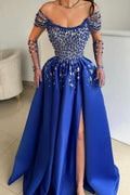 Luxurious A-Line Satin Scoop Sleeveless Prom Dress With Split Front