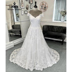 Luxury Full Lace V Neck Off Shoulder Women Wedding Dress with Short Cap Sleeve Hochzeits Bridal Gown Vestidos de Boda Sexy