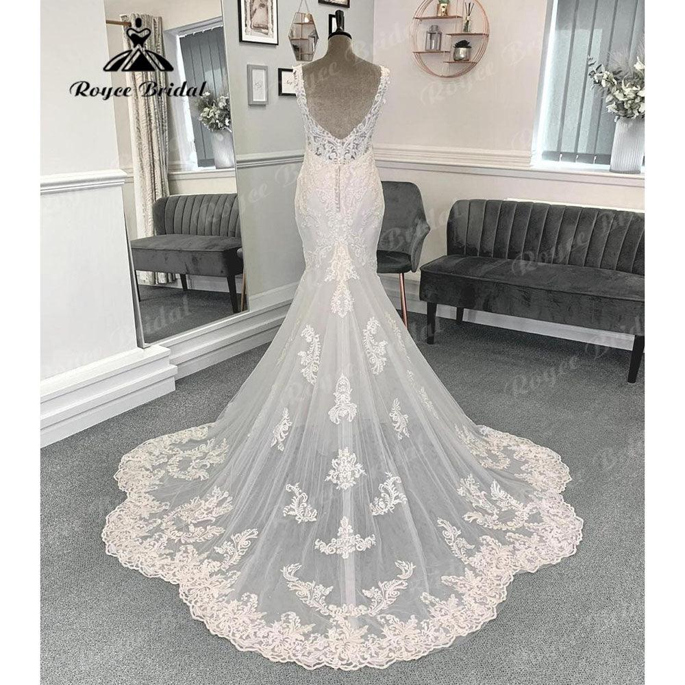 Luxury Lace Mermaid V Neck Wedding Dress Appliques Women Bridal Gown Custom Made vestido de boda corte sirena NumberSea