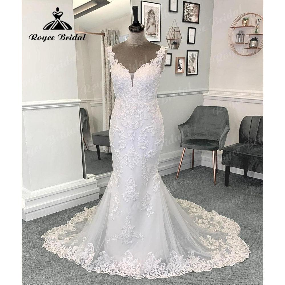 Luxury Lace Mermaid V Neck Wedding Dress Appliques Women Bridal Gown Custom Made vestido de boda corte sirena NumberSea