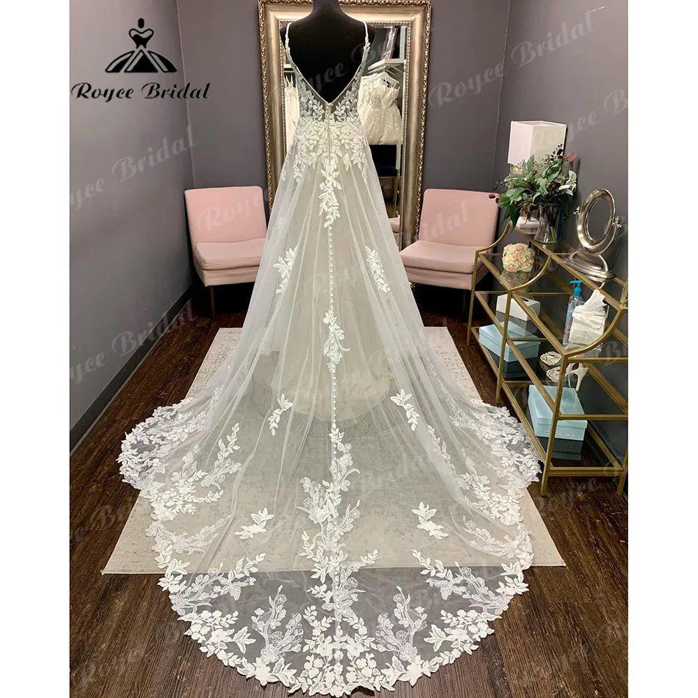 Luxury Robe Lace Appliques Spaghetti Straps Wedding Dress Backless  Bridal Gown Court Train vestido de novia NumberSea