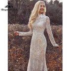 Mermaid Boho Beach Wedding Dresses with Back Buttons Lace High Neck Floral Print Long Sleeve Vestidos De Novia NumberSea&nbsp;