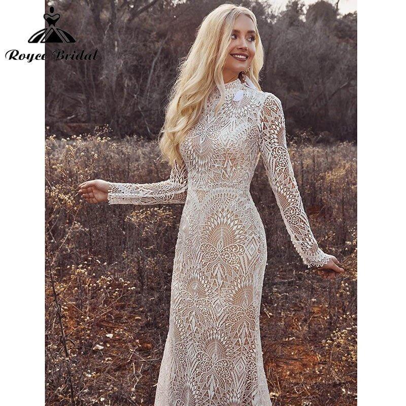 Mermaid Boho Beach Wedding Dresses with Back Buttons Lace High Neck Floral Print Long Sleeve Vestidos De Novia NumberSea&nbsp;
