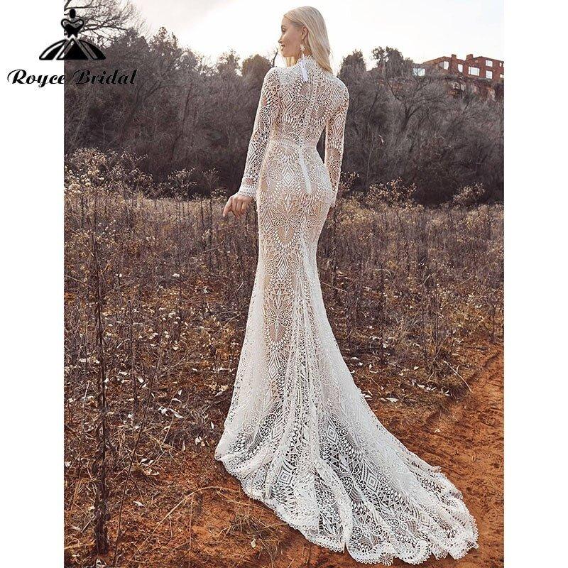 Mermaid Boho Beach Wedding Dresses with Back Buttons Lace High Neck Floral Print Long Sleeve Vestidos De Novia NumberSea&nbsp;