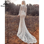 Mermaid Boho Beach Wedding Dresses with Back Buttons Lace High Neck Floral Print Long Sleeve Vestidos De Novia NumberSea&nbsp;