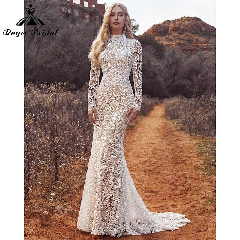 Mermaid Boho Beach Wedding Dresses with Back Buttons Lace High Neck Floral Print Long Sleeve Vestidos De Novia NumberSea&nbsp;