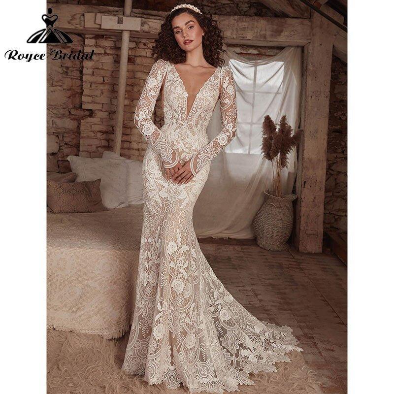 Mermaid Boho Bohemia Wedding Dress with Detachable Tank Long Sleeve Lace Deep V Neck Backlesss Bridal Gowns Robe De Mariée&nbsp;