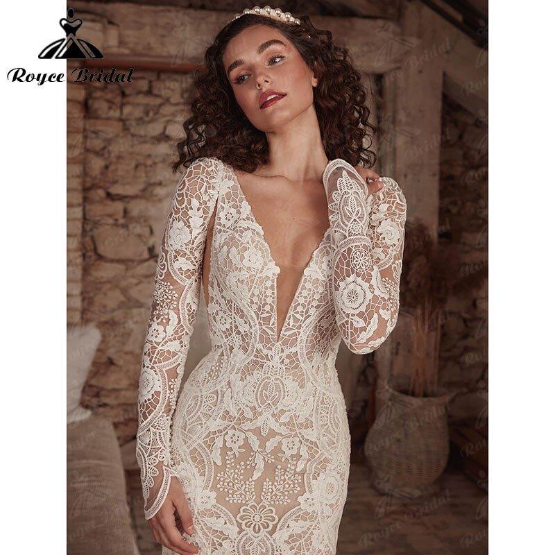 Mermaid Boho Bohemia Wedding Dress with Detachable Tank Long Sleeve Lace Deep V Neck Backlesss Bridal Gowns Robe De Mariée&nbsp;